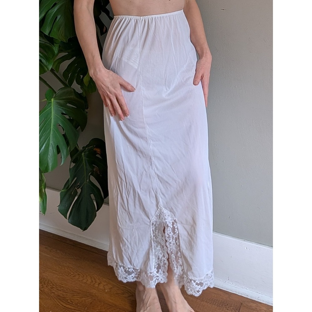 Vintage Lingerie Midi Slip Skirt Lace Size Large White Nylon Slit Long Pencil